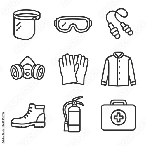 Metalworking Safety Icons. Outline style icons of Metalworking Tool: face shield visor, safety goggles, ear plug pair, respirator