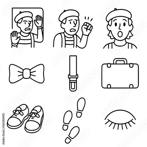 Outline Mime Icons. Outline style icons of Mime: trapped box corner, desperate knock tap, dramatic gasp face, monochrome bow tie,