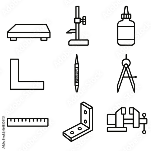 Metalworking Tool Icons. Outline style icons of Metalworking Tool: surface plate, height scriber, layout dye bottle, granite