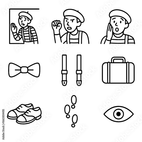 Outline Mime Icons. Outline style icons of Mime: trapped box corner, desperate knock tap, dramatic gasp face, monochrome bow tie,