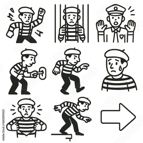 Mime Prison Break Icons. Outline style icons of Mime: prisoner breakout gag, cell bar grip, startled guard pose, key turn mime,