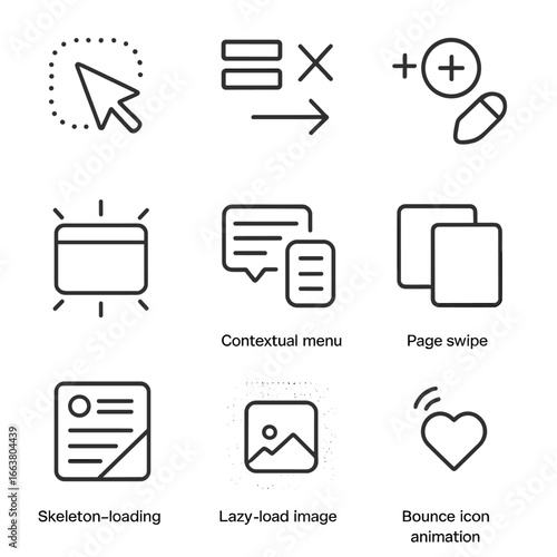 Microinteraction Icon Set. Outline style icons of Microinteraction: hover highlight glow, menu hamburger morph, floating action