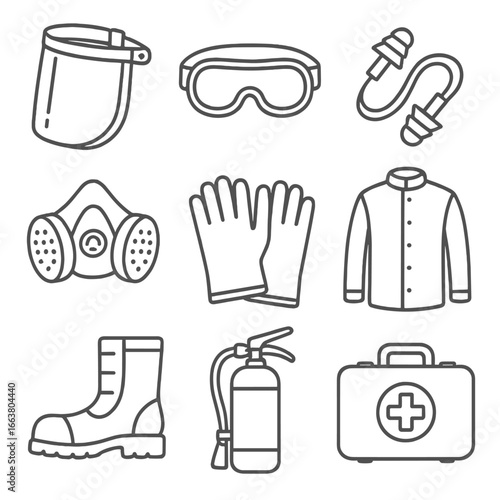 Metalworking Safety Icons. Outline style icons of Metalworking Tool: face shield visor, safety goggles, ear plug pair, respirator