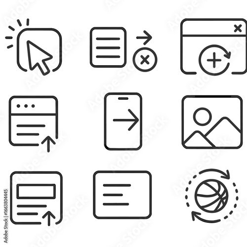 Microinteraction Icon Set. Outline style icons of Microinteraction: hover highlight glow, menu hamburger morph, floating action