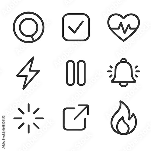 Microinteraction Icons Set. Outline style icons of Microinteraction: fitness goal ring close, step count tick, heart rate pulse,
