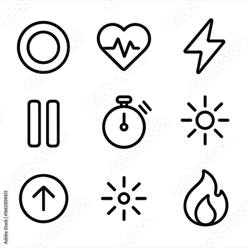 Microinteraction Icons Set. Outline style icons of Microinteraction: fitness goal ring close, step count tick, heart rate pulse,