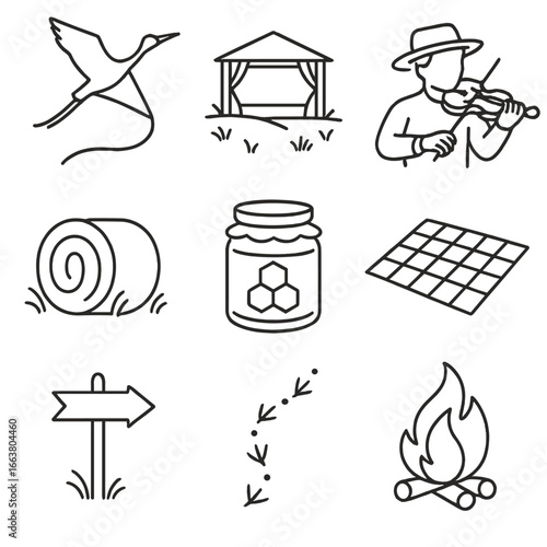 Migration Festival Icons. Outline style icons of Migration Festival: sandhill crane kite, open meadow stage, folk fiddle musician,