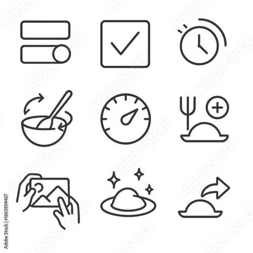 Microinteraction Icons Outline. Outline style icons of Microinteraction: recipe step toggle, ingredient check tick, timer start