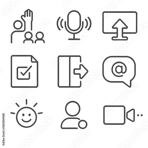 Microinteraction Icons Outline. Outline style icons of Microinteraction: classroom raise hand, mute mic pulse, screen share flash,