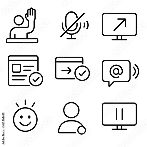 Microinteraction Icons Outline. Outline style icons of Microinteraction: classroom raise hand, mute mic pulse, screen share flash,