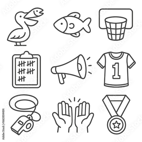 Migration Festival Icons. Outline style icons of Migration Festival: pelican fish toss game, rubber fish prop, target basket hoop,