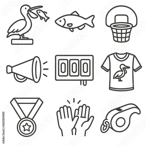 Migration Festival Icons. Outline style icons of Migration Festival: pelican fish toss game, rubber fish prop, target basket hoop,