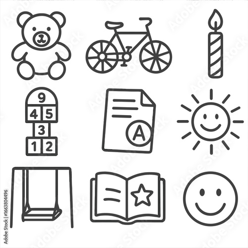 Childhood Memory Icons. Outline style icons of Memory: childhood toy teddy, first bicycle silhouette, chalk hopscotch grid,