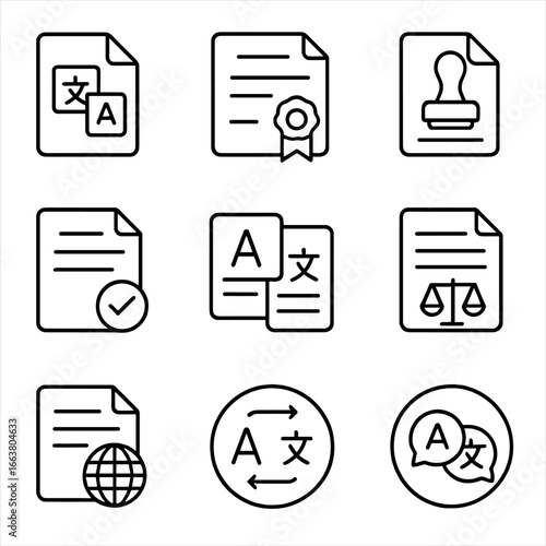 Document Translation Icons. Line style icons of certificates and legal forms in translation: multilingual document icon,