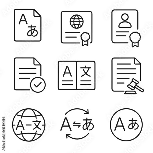 Document Translation Icons. Line style icons of certificates and legal forms in translation: multilingual document icon,