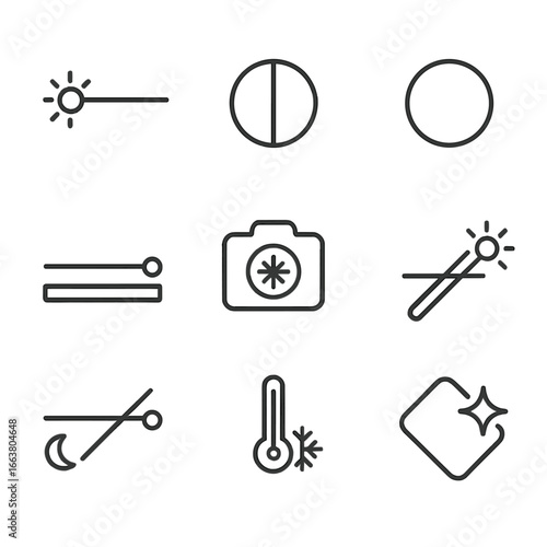 Adjustment Tools Icons. Line style icons of image adjustment tools: brightness slider, contrast dial, hue circle, saturation bar,