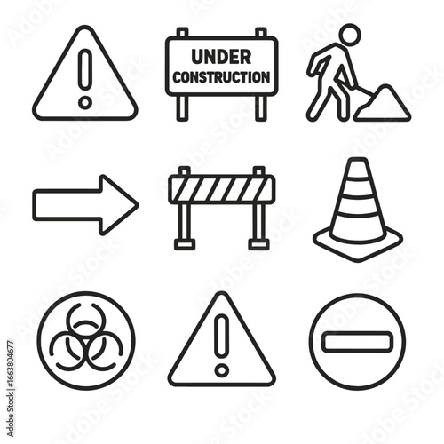 Construction Icons Collection. Line style icons of construction signs and symbols: caution sign, under construction sign, roadwork