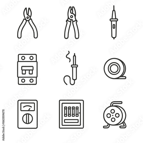 Electrical Tools Icons. Line style icons of electrical tools: wire cutter, wire stripper, voltage tester, circuit breaker,