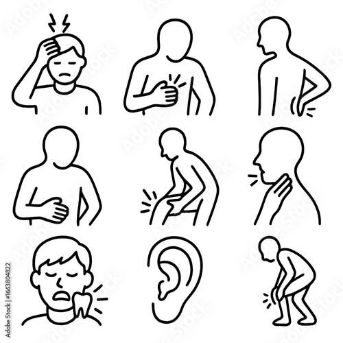 Pain Symptom Icons. Line style icons of pain and symptoms: headache icon, chest pain, back ache, stomach discomfort, knee injury,