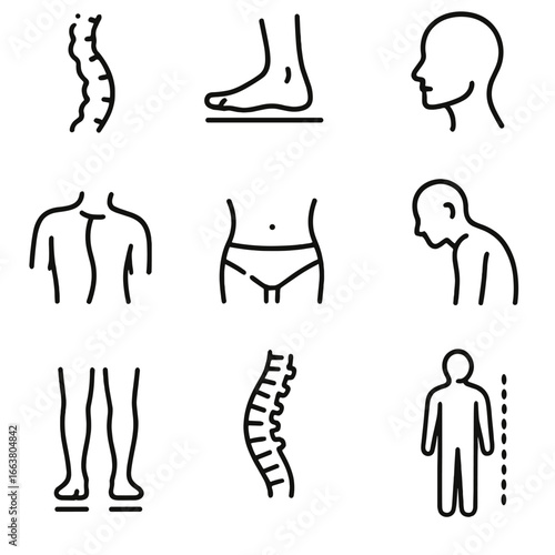 Posture Issue Icons. Line style icons of common posture issues: scoliosis spine, flat feet, neck tilt, shoulder imbalance, pelvis