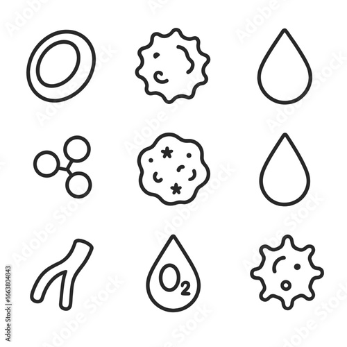 Blood Components Icons. Line style icons of basic blood components: red blood cell, white blood cell, platelets icon, plasma drop,