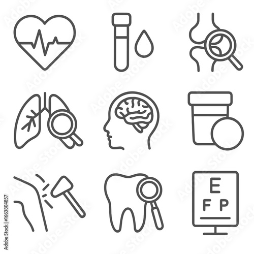 Health Check Icons. Line style icons of common health checks: heartbeat test, blood test, joint test, lung check, brain scan,