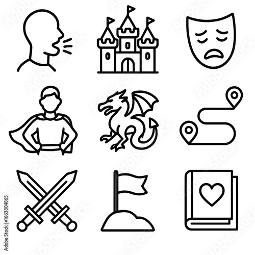 Storytelling Theme Icons. Line style icons of storytelling themes: narrator voice, fairy tale castle, tragic mask, hero icon,