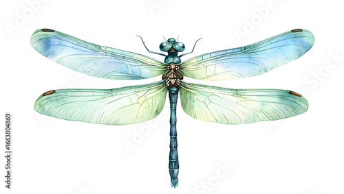 Watercolor Dragonfly with Blue and Green Wings isolated on a transparent background