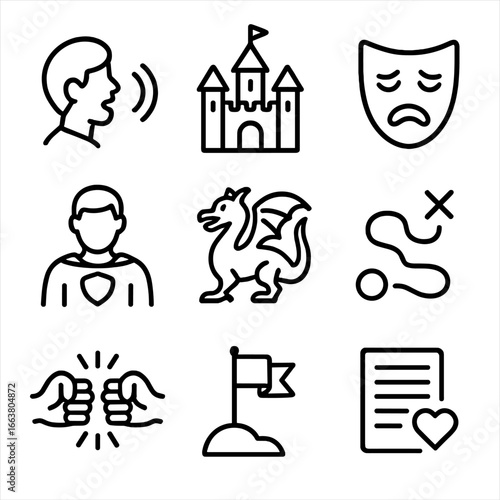 Storytelling Theme Icons. Line style icons of storytelling themes: narrator voice, fairy tale castle, tragic mask, hero icon,