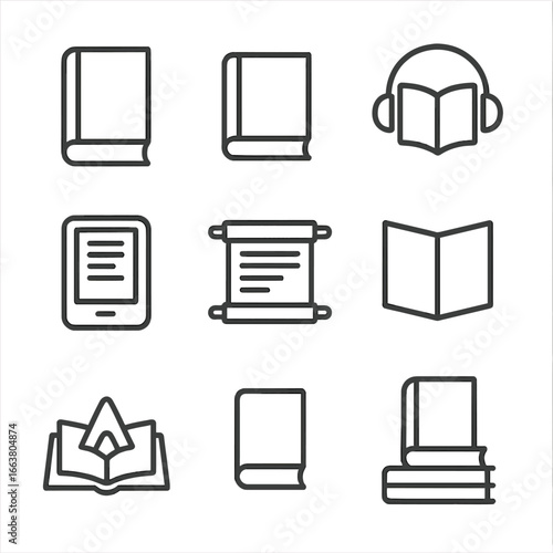 Book Format Icons. Line style icons of book formats and styles: hardcover book, paperback, audiobook icon, e-reader, scroll icon,