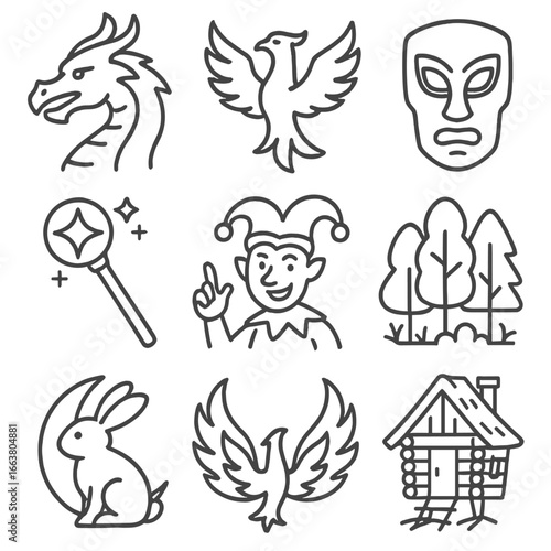 Mythical Line Icons. Line style icons of myth and folklore in culture: dragon icon, phoenix outline, spirit mask, magical staff,