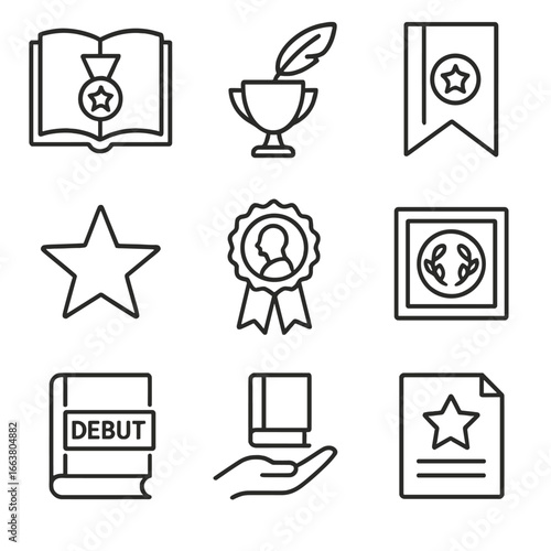 Literary Icons Collection. Line style icons of literary awards and honors: open medal book, trophy with quill, golden bookmark,
