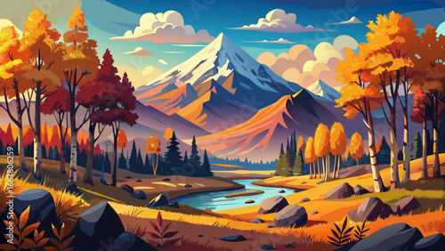 Majestic autumn landscape glows brightly, vibrant aspen trees shimmering with fiery colors, snowy mountains towering beyond, golden leaves dancing softly, crisp air carrying whispers of change, breath