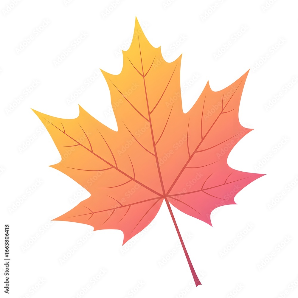 Obraz premium Colorful maple leaf illustration with yellow, orange, and pink gradient on a white background.