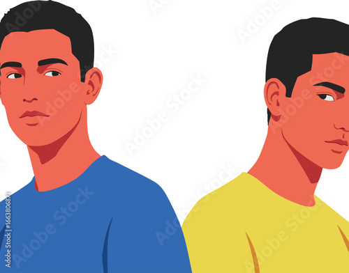 Two young men wearing casual blue and yellow shirts looking sideways in vector illustration