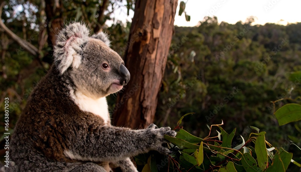 Obraz premium A koala, with its soft fur and attentive gaze, sits atop a tree trunk, surrounded by lush greenery.