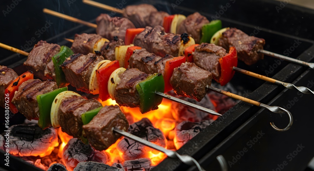 Grilled kabobs with beef and vegetables over glowing charcoal, a delicious summer barbecue cookout food Grilled kabobs with beef and vegetables over glowing charcoal, a delicious summer barbecue cookout food