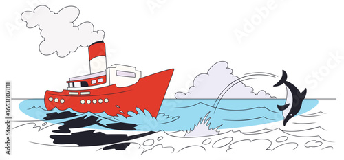 Funny steamer on open sea.