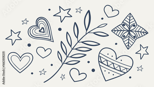 Hand drawn hearts stars branch and floral diamond shapes in a doodle style design illustration art