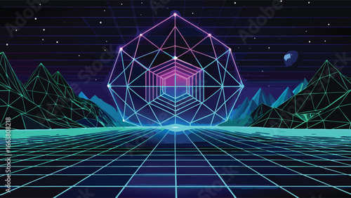 Retro wave Neon Landscape with Geometric Crystal Abstract Background