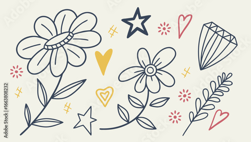 Doodle style illustration with flowers stars hearts diamond and other decorative elements in a simple drawing