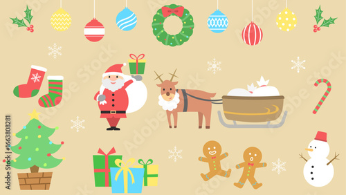 サンタクロース、トナカイ、プレゼント、クリスマスツリー、クリスマスリースなどクリスマスのあしらい素材セット