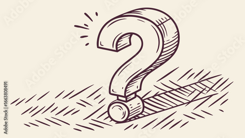 Sketch of a large question mark with hatching and a small ball at the base on a hatched surface