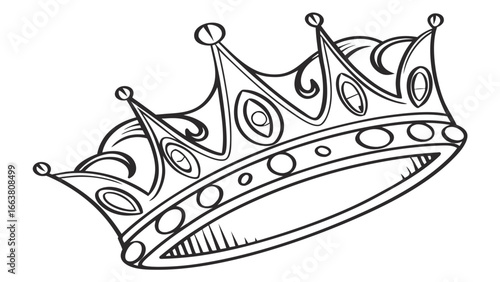 Detailed line drawing of a royal crown with decorative elements and circular accents on a white background