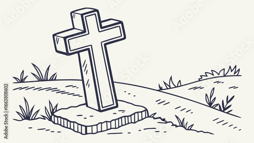 Illustration of a cross gravestone on a hill with grass and a path in a simple cartoon style