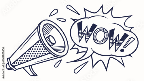 Illustration of a megaphone with a speech bubble saying wow in a pop art style design