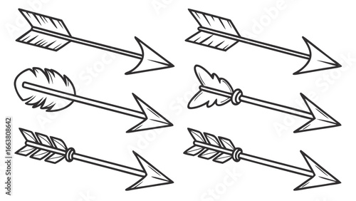 Illustration of six arrows in various designs with different feather and arrowhead styles on white background
