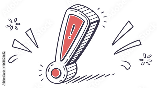 Stylized exclamation point icon with red fill and radiating lines on a white background sketch style