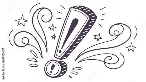 Doodle style exclamation mark with stars and swirls creating a whimsical and eye catching design element
