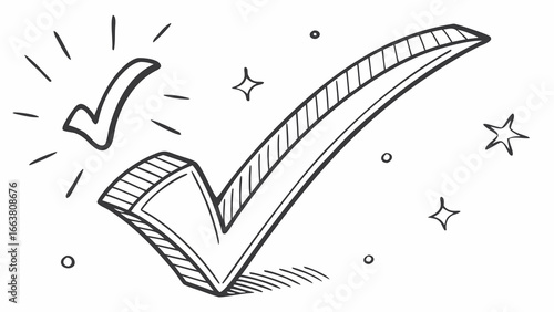 Two sketched check marks with radiating lines and stars on a white background illustration art